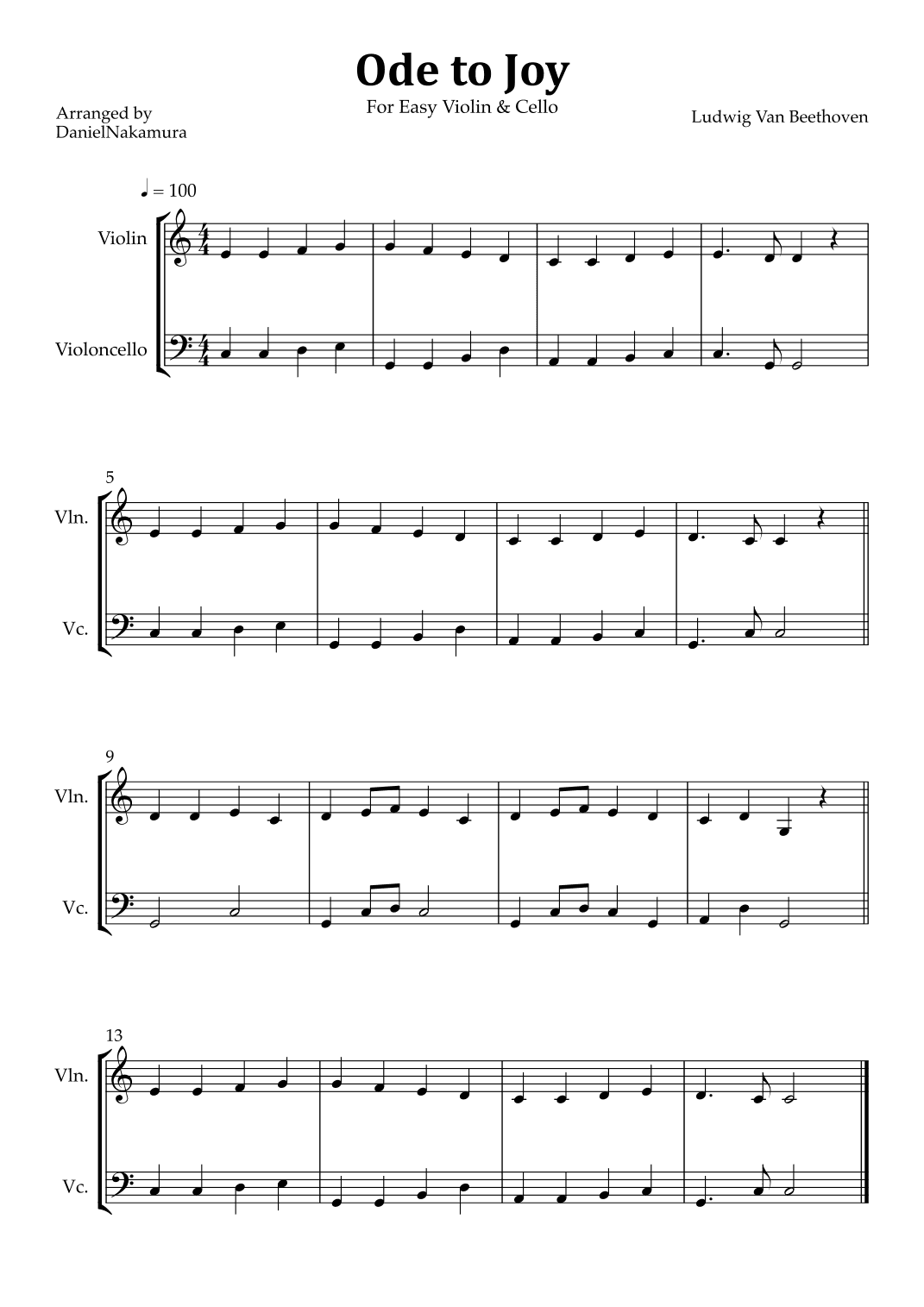 Ode to Joy (Easy Violin and Cello) (arr. Daniel Nakamura)