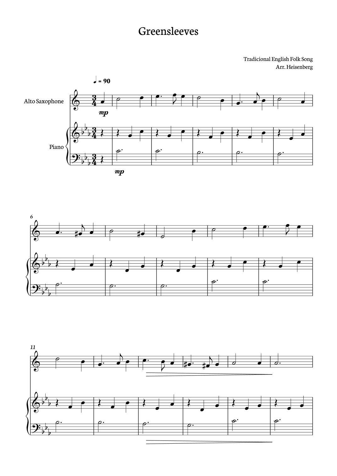 Greensleeves for Alto Sax with piano accompaniment (arr. Heisenberg)