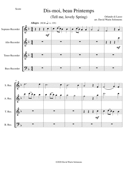 Dis-moi, beau printemps (Tell me, lovely Spring) for recorder quartet (arr. David Warin Solomons)