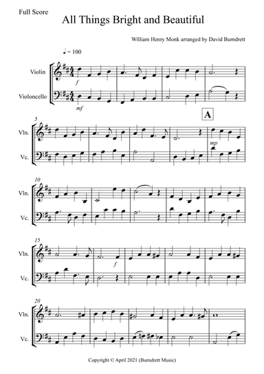 All Things Bright and Beautiful for Violin and Cello Duet (arr. David Burndrett)