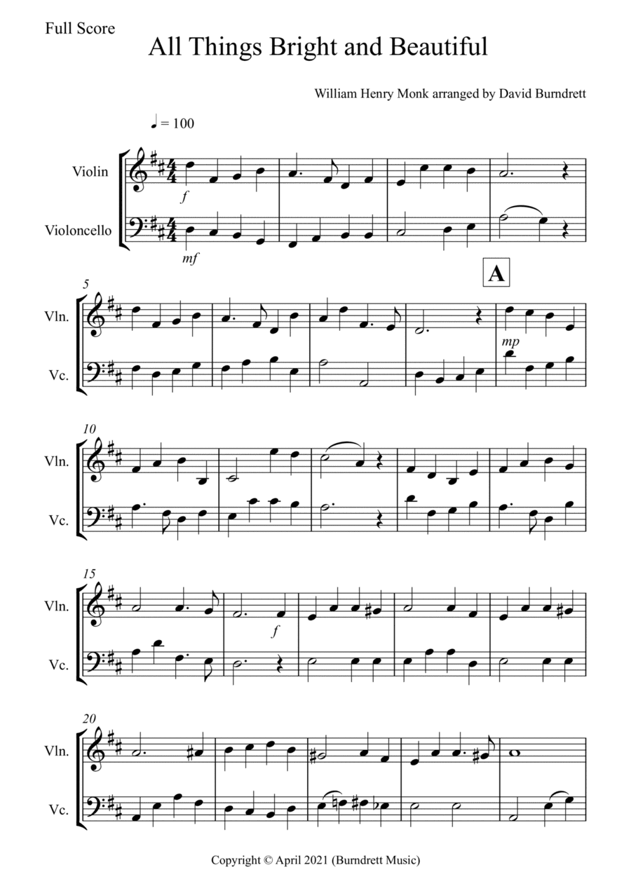 All Things Bright and Beautiful for Violin and Cello Duet (arr. David Burndrett)