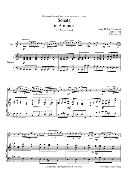 Telemann Sonata in A Minor TWV 41:a3, 3rd Movement - Oboe and Piano (arr. Anne L Christopherson GRSM ARCM)