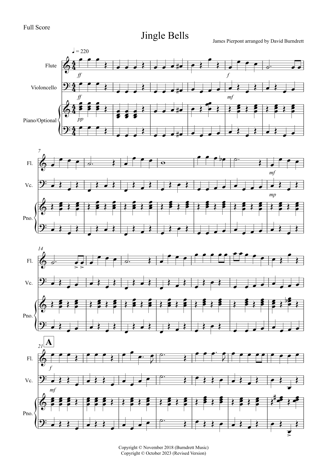 Jingle Bells (Easy Version!) for Flute and Cello Duet (arr. David Burndrett)