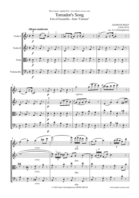 The Toreador Song from Carmen - String Quartet (high 1st violin) (arr. Anne Christopherson GRSM ARCM)