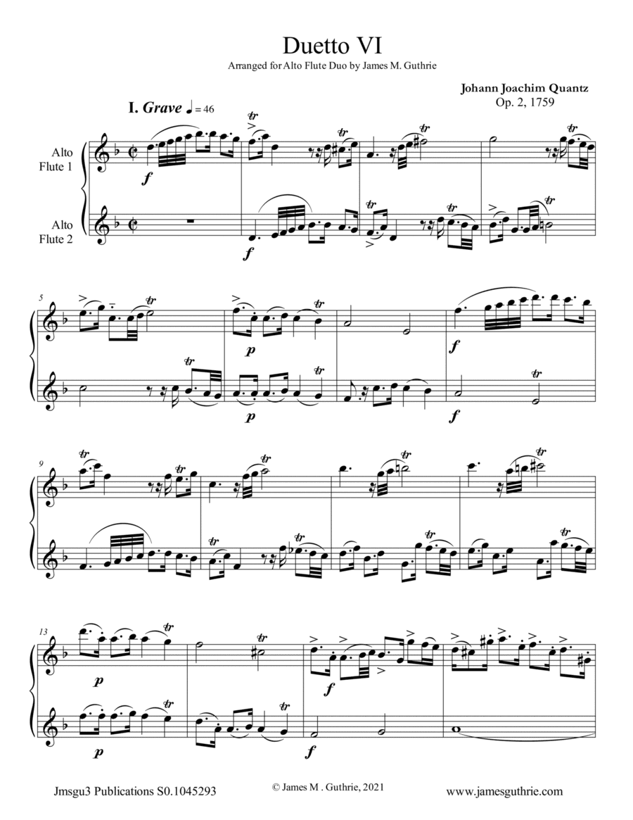 Quantz: Duetto Op. 2 No. 6 for Alto Flute Duo (arr. James M. Guthrie)