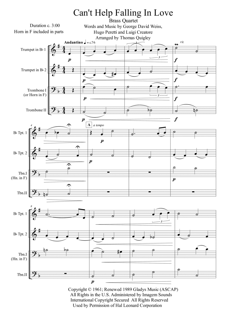 Can't Help Falling In Love (arr. Thomas Quigley)