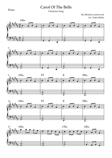 Carol Of The Bells (Christmas Song) for Easy Piano Solo with Chords (B/G#m) (arr. Fabio Britto)