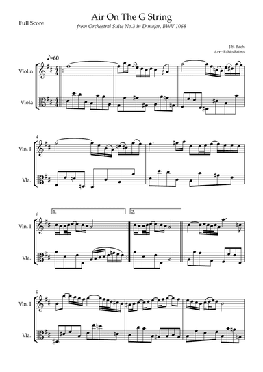Air On The G String (J.S. Bach) for Violin & Viola Duo (arr. Fabio Britto)