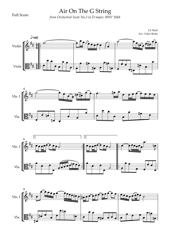 Air On The G String (J.S. Bach) for Violin & Viola Duo (arr. Fabio Britto)