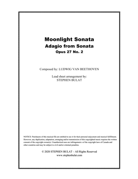 Moonlight Sonata  - Adagio from Sonata Opus 27 No. 2 (Beethoven) - Lead sheet in original key of C# (arr. Stephen Bulat)
