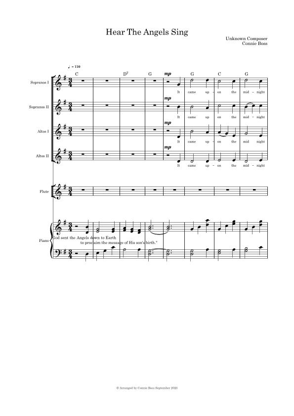 Hear the Angels Sing - SSAA medley with Flute or cello or violin and Piano (arr. Connie Boss)