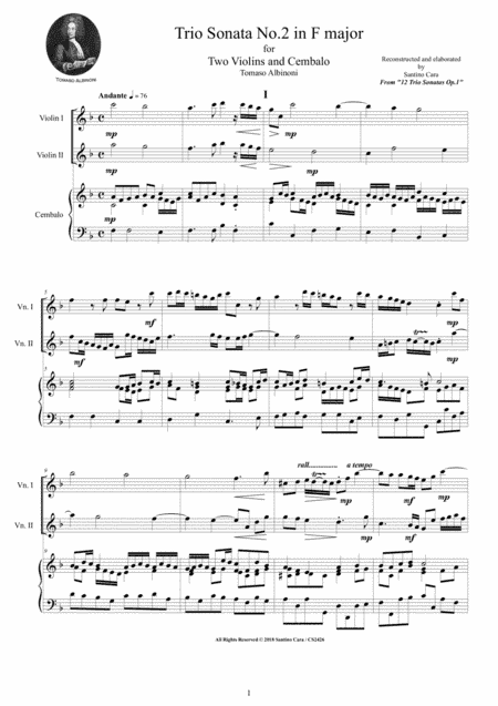 Albinoni - Trio Sonata No.2 in F major Op.1 for Two Violins and Cembalo or Piano (arr. Santino Cara)