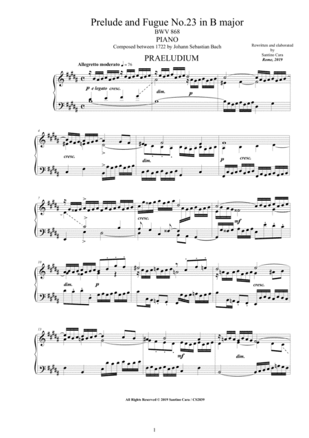 Bach - Prelude and Fugue No.23 in B major BWV 868 for Piano (arr. Santino Cara)