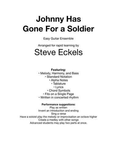 Johnny Has Gone for a Soldier for Easy Guitar Ensemble (arr. Steve Eckels)