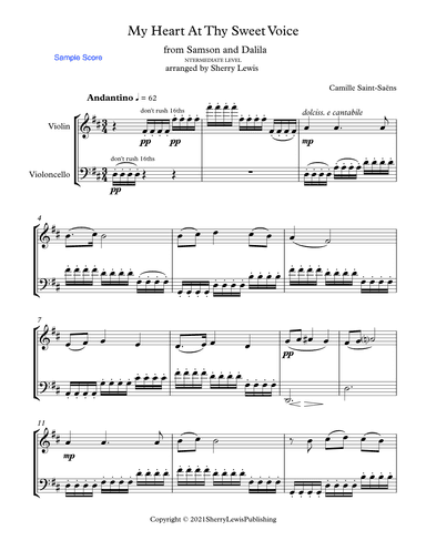 MY HEART AT THY SWEET VOICE for String Duo, Intermediate Level for violin and cello (arr. Sherry Lewis)