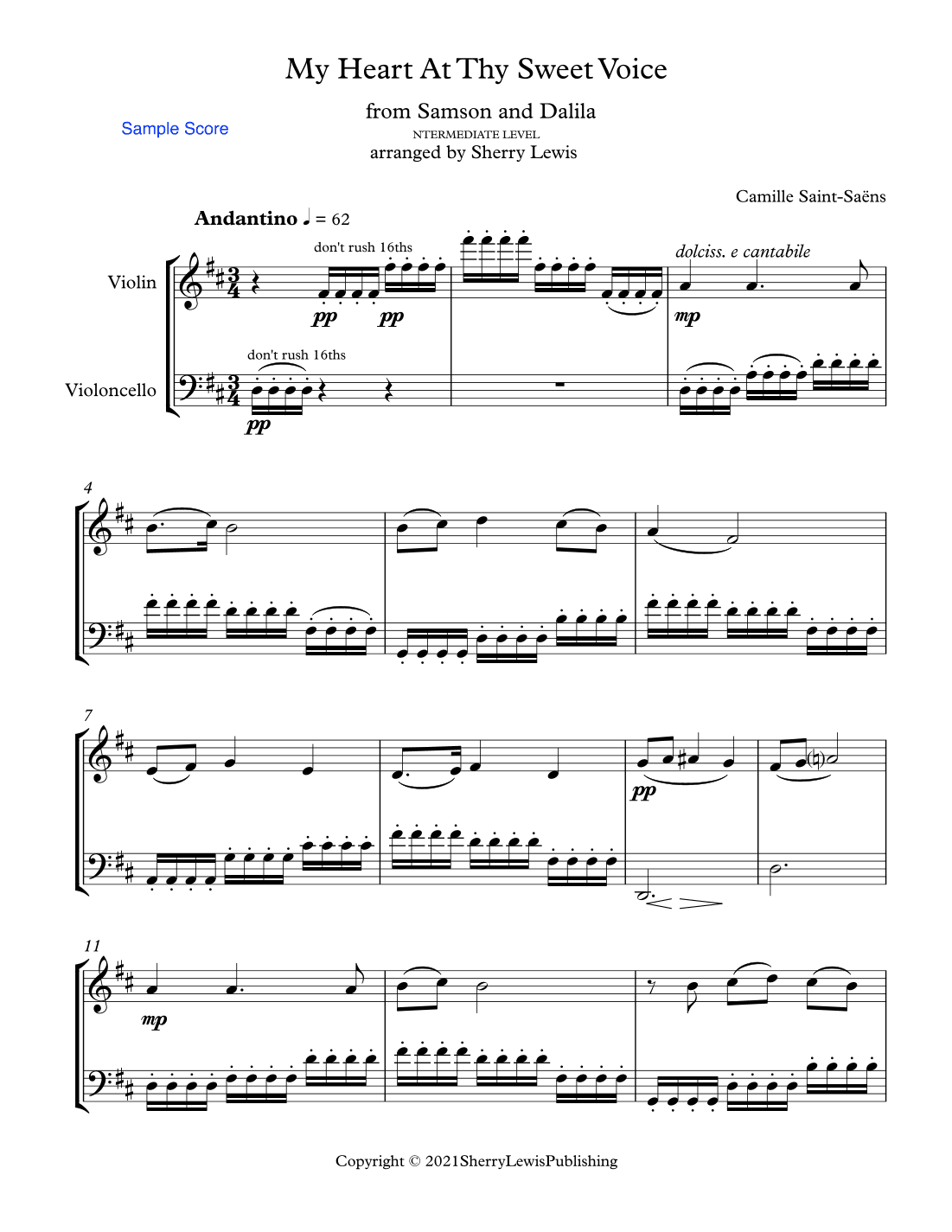 MY HEART AT THY SWEET VOICE for String Duo, Intermediate Level for violin and cello (arr. Sherry Lewis)