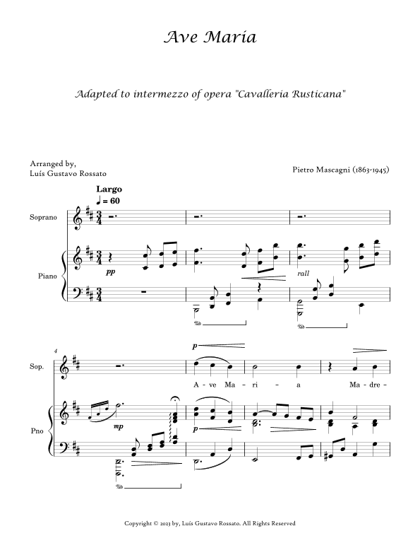Mascagni - Ave Maria (Soprano - D MAJOR) (arr. Luís Gustavo Rossato)