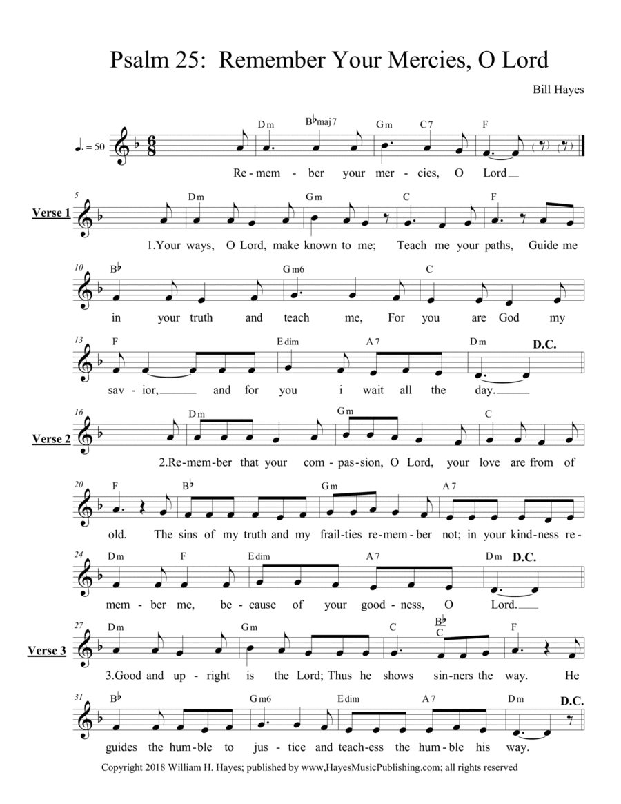 Psalm 25:  Remember Your Mercies, O Lord. - leadsheet