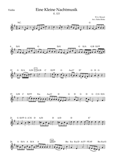 Eine kleine Nachtmusik (W.A. Mozart) for Violin Solo with Chords (Simplified) (arr. Fabio Britto)