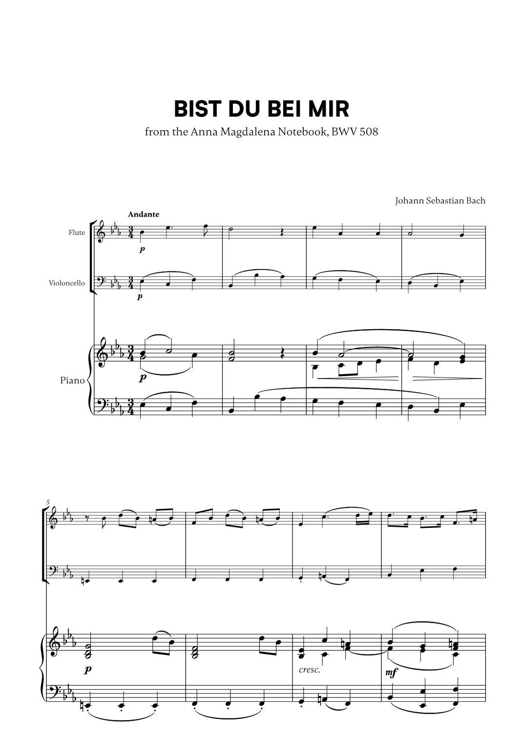 Johann Sebastian Bach - Bist du bei Mir BWV 508 (for Flute, Cello and Piano) (arr. Cadenza Editions)