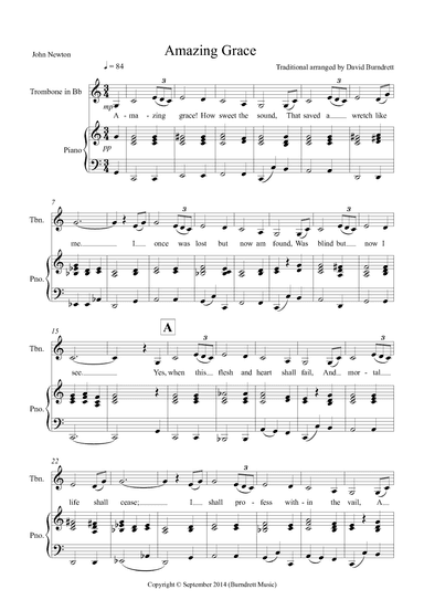 Amazing Grace for Trombone in Bb and Piano (arr. David Burndrett)