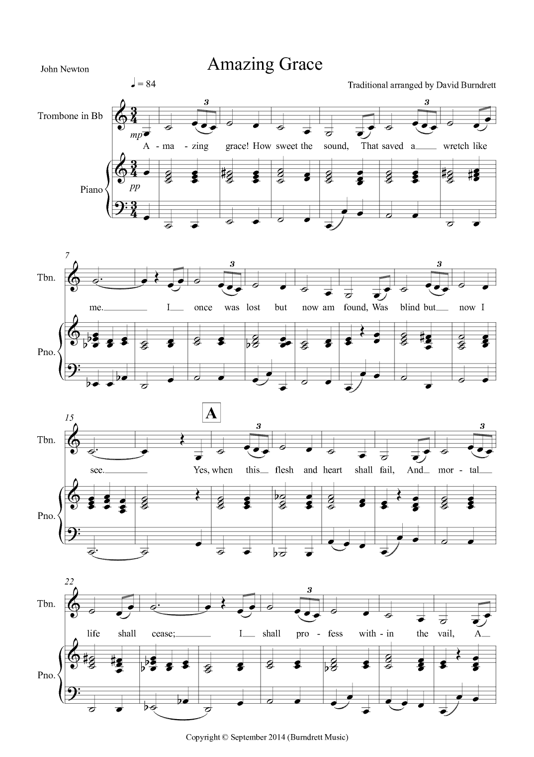 Amazing Grace for Trombone in Bb and Piano (arr. David Burndrett)