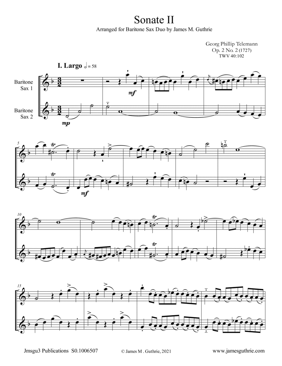 Telemann: Sonata Op. 2 No. 2 for Baritone Sax Duo (arr. James M. Guthrie)