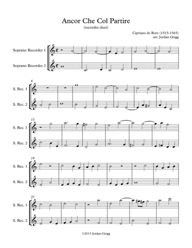 Ancor Che Col Partire (recorder duet) (arr. Jordan Grigg)