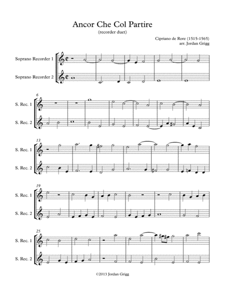 Ancor Che Col Partire (recorder duet) (arr. Jordan Grigg)