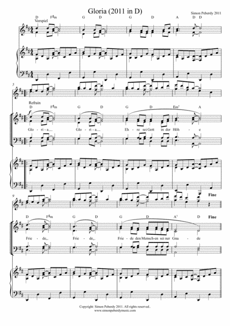 Gloria 2011 in D (in German and English) from a rhythmical mass for SATB, piano/guitar and 2 flutes