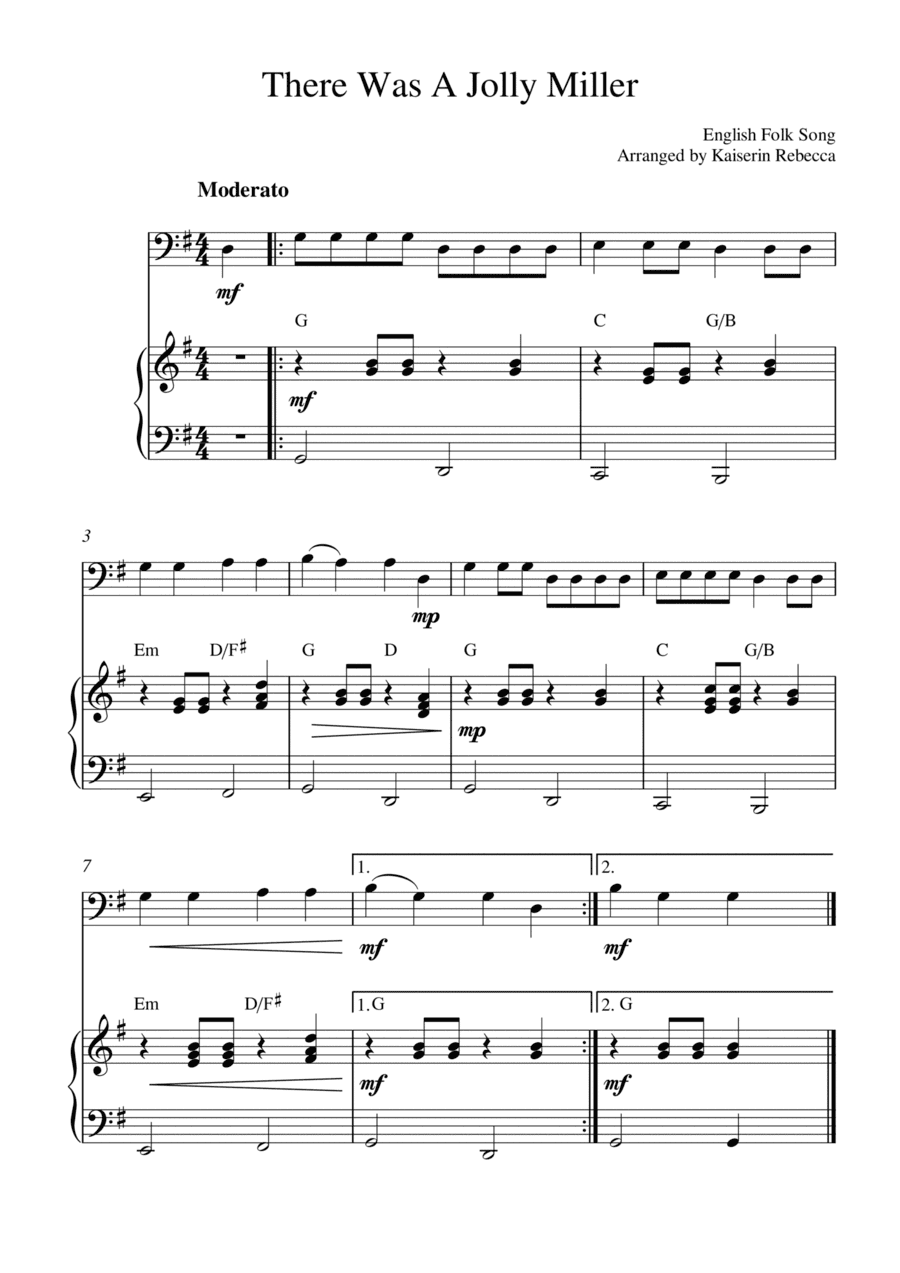 There Was A Jolly Miller (for cello solo and piano accompaniment) (arr. Kaiserin Rebecca)