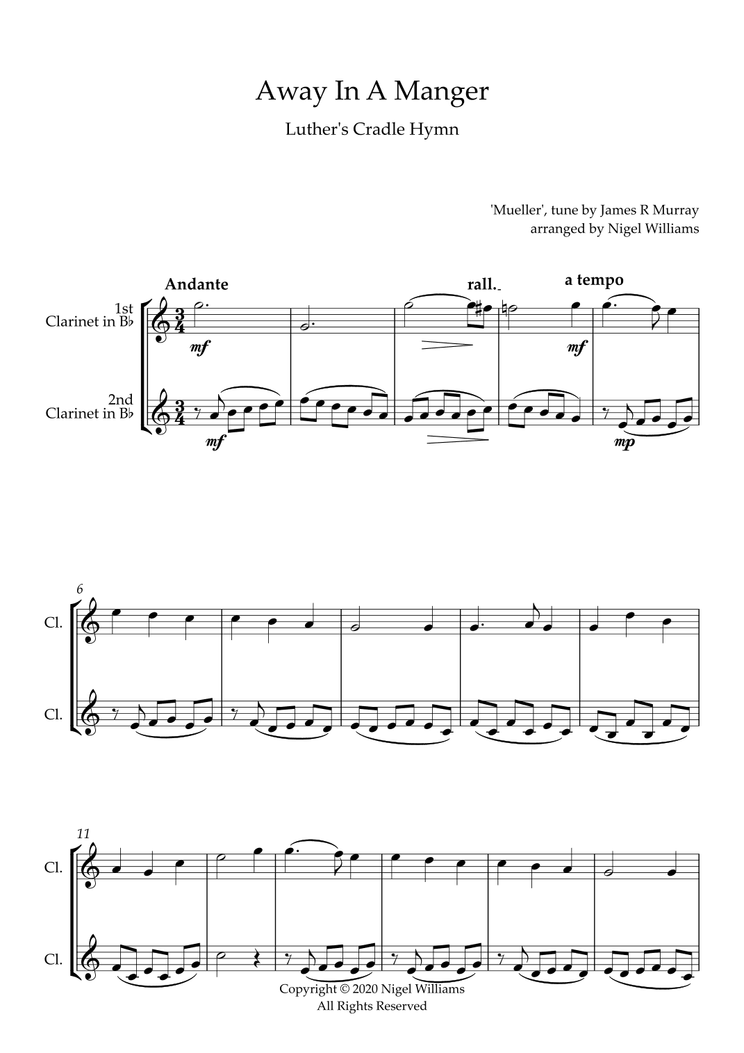 Away In A Manger, for Clarinet Duet (arr. Nigel Williams)