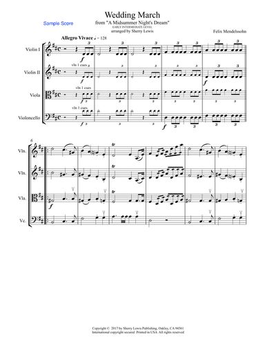 WEDDING MARCH, Mendelssohn, String Quartet, Early Intermediate Level for 2 violins, viola and cello (arr. Sherry Lewis Publishing)