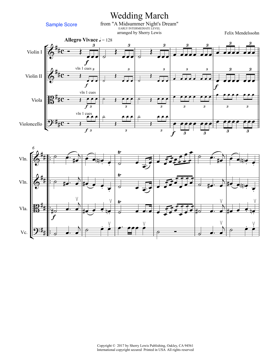 WEDDING MARCH, Mendelssohn, String Quartet, Early Intermediate Level for 2 violins, viola and cello (arr. Sherry Lewis Publishing)