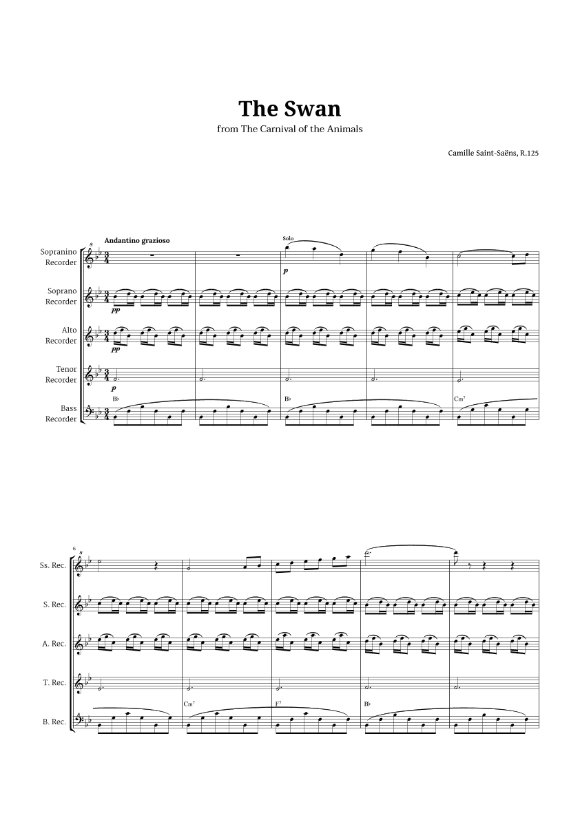 The Swan by Saint-Saëns for Recorder Quintet with Chords (arr. Langanho)