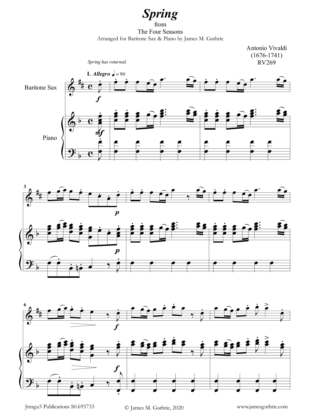 Vivaldi: Spring from the Four Seasons for Baritone Sax & Piano (arr. James M. Guthrie, ASCAP)