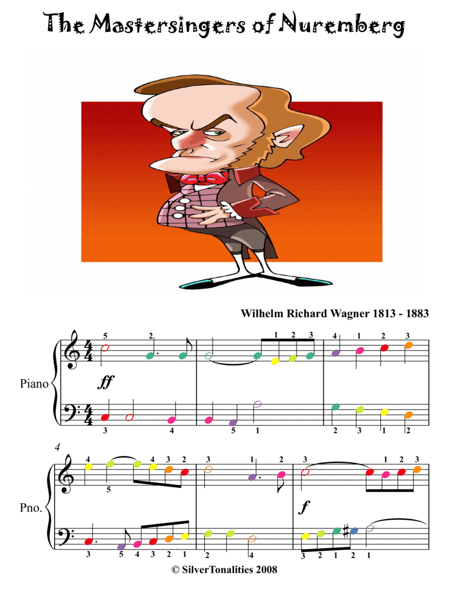 Mastersingers of Nuremberg Easy Piano Sheet Music with Colored Notes (arr. SilverTonalities)