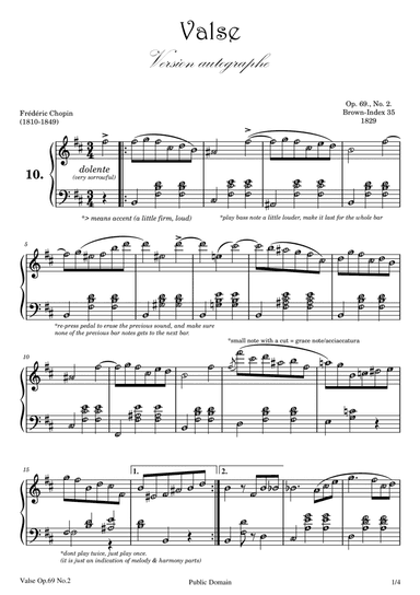 VALSE / WALTZ OP. 69 NO. 2 (CHOPIN) with note names and performance directions (arr. Published Harmony Valarie)