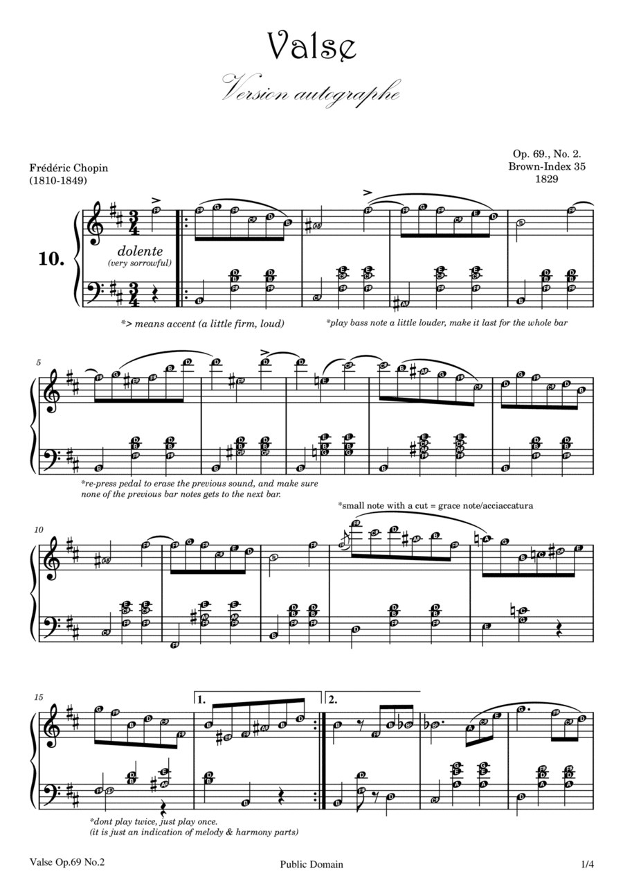 VALSE / WALTZ OP. 69 NO. 2 (CHOPIN) with note names and performance directions (arr. Published Harmony Valarie)