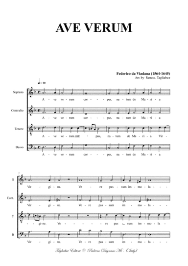 AVE VERUM - Da Viadana - For SATB Choir (arr. Renato Tagliabue)