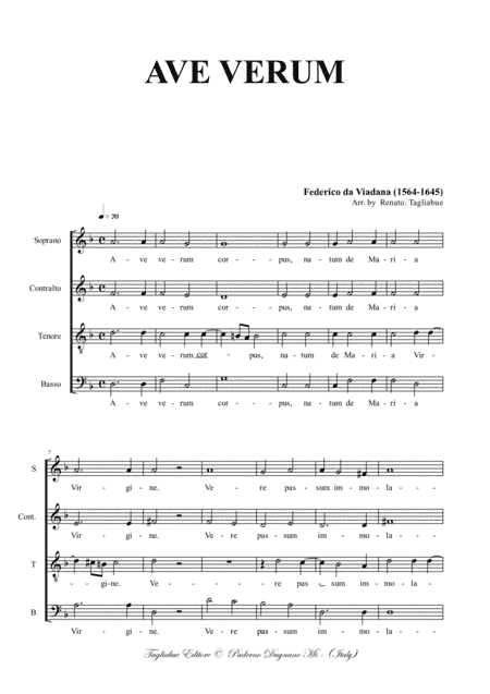 AVE VERUM - Da Viadana - For SATB Choir (arr. Renato Tagliabue)