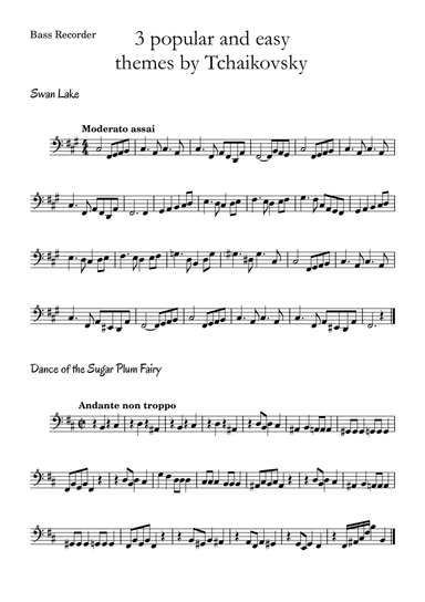 3 popular and easy themes by Tchaikovsky with accompaniment and chord symbols for Bass Recorder (arr. Leyandder Trustworthy)