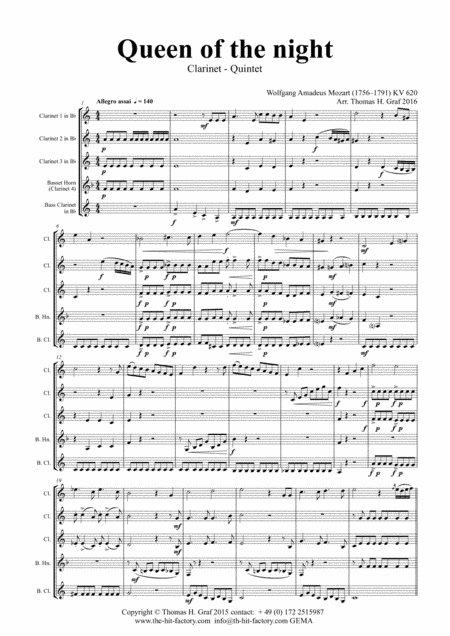 The Magic Flute Queen of the night - KV 620 W.A.Mozart - Clarinet Quintet (arr. Thomas H. Graf)