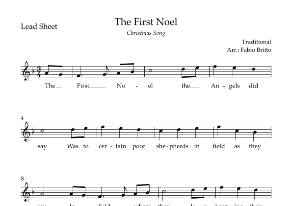 The First Noel (Christmas Song) Lead Sheet in F Major. (arr. Fabio Britto)