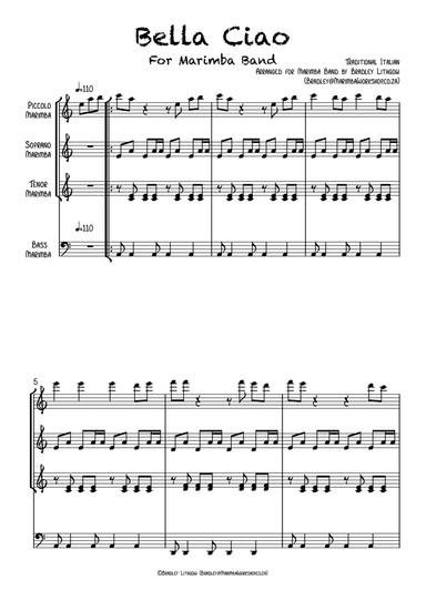 Bella Ciao for Marimba Band (Diatonic in C) (arr. Bradley Lithgow)