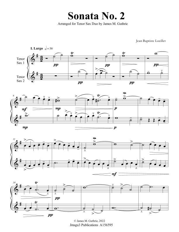 Loeillet: Sonata No. 2 for Tenor Sax Duo (arr. James M. Guthrie)