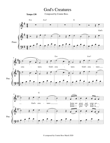 God's Creatures - kids song key of G - solo and piano
