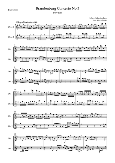 Brandenburg Concerto No. 3 in G major, BWV 1048 1st Mov. (J.S. Bach) for Oboe Duo (arr. Victor Drake)