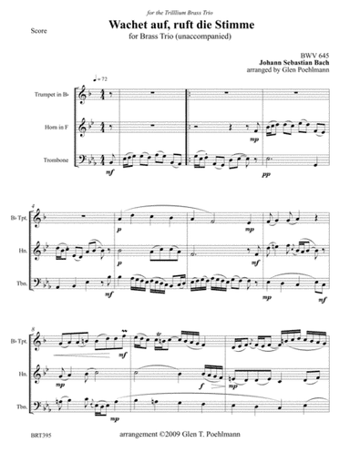 BWV 645 Wachet auf, ruft uns die Stimme (J.S. Bach) for BRASS TRIO (unaccompanied) (arr. Glen Poehlmann)
