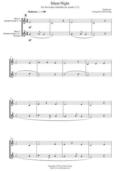 Silent Night (for horn duet, suitable for grades 1-5) (arr. Edwin Sung)